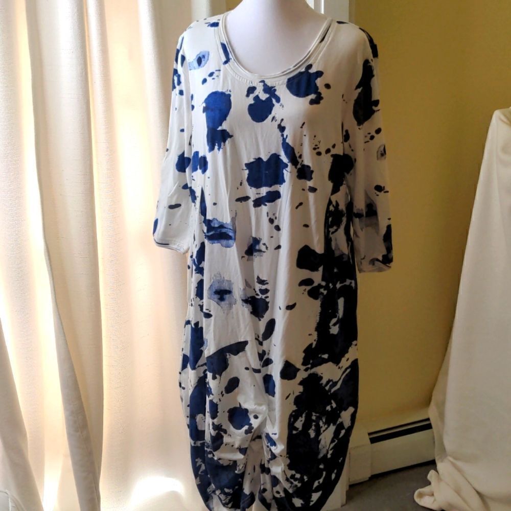 Snapdragon & Twig Small White Dress with Blue Splatter design, NEW